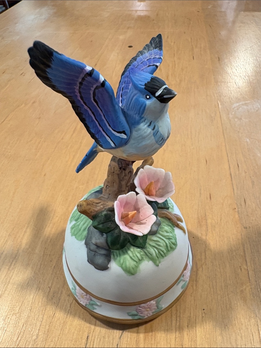 Hand-Painted Blue Bird Figurine Music Box with Pink Floral Detail